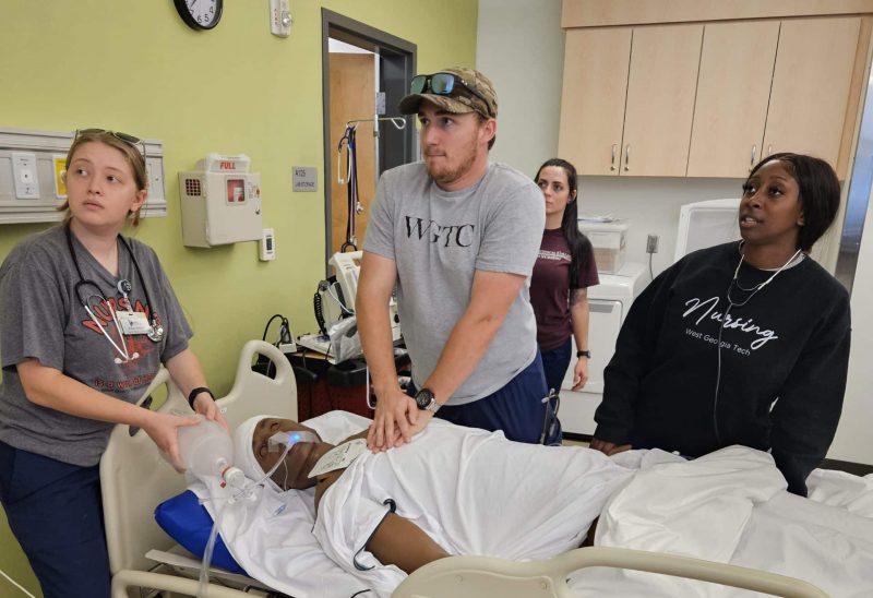 WGTC nursing students work on a patient during a simulated mass casualty event at WGTC’s Coweta campus.