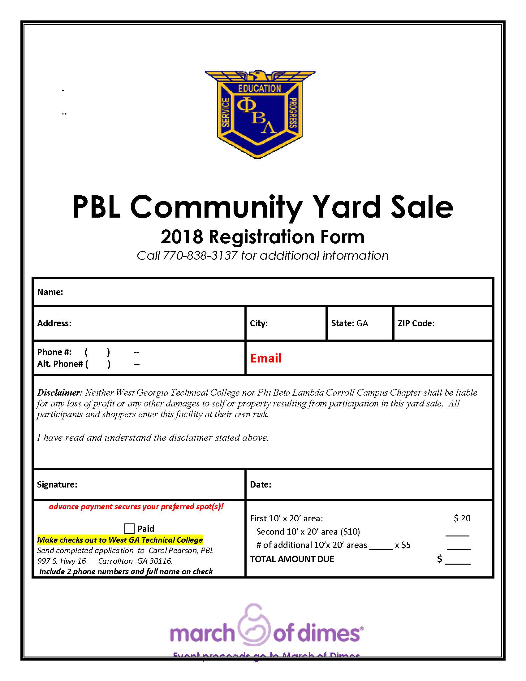 PBL Yard Sale Registration Form