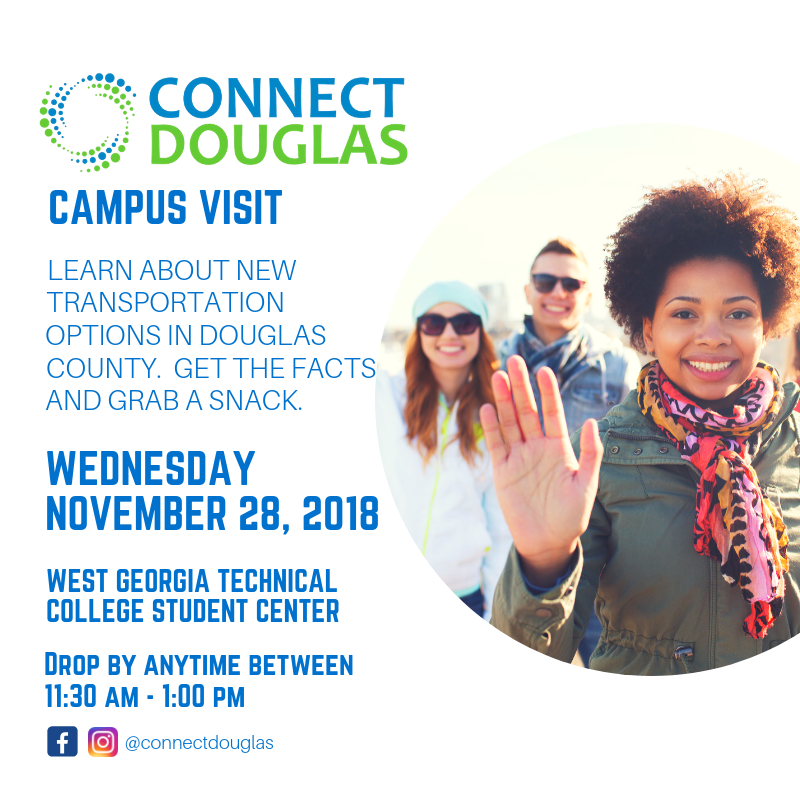 Learn about new transportation options in Douglas county. Get the facts and grab a snack, Student Center, drop by anytime between 11:30 am -1:00 pm