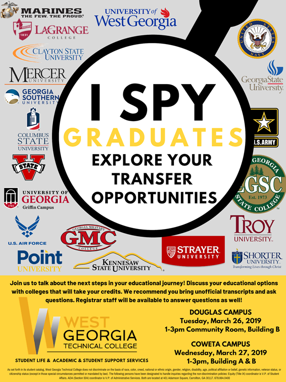 Douglas Campus: March 26, 1-3pm community room building B. Coweta Campus: March 27, 1-3pm building A and B