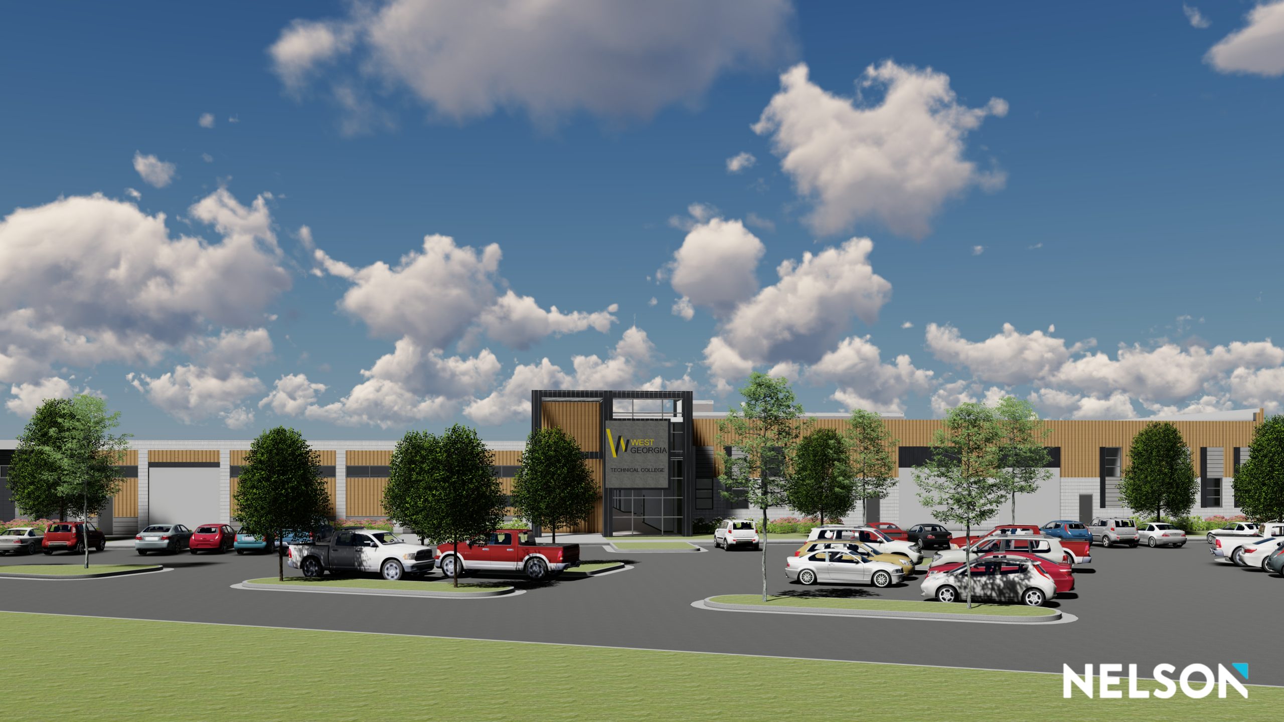 WGTC New Campus Technical Building concept with building, parking lot, and trees.