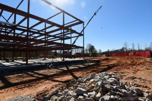 construction site showing foundation work and steel structure