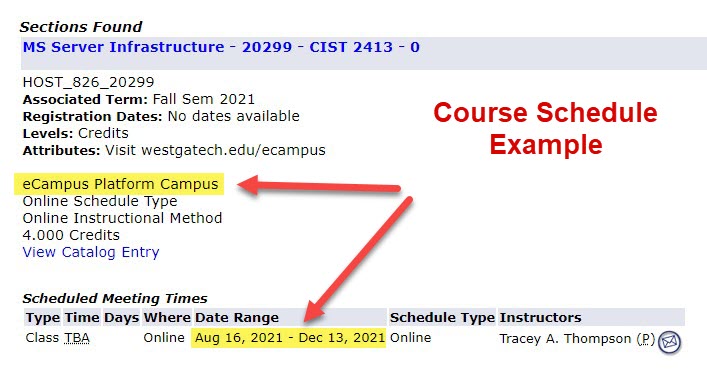 course schedule example ecampus platform campus with dates and locations