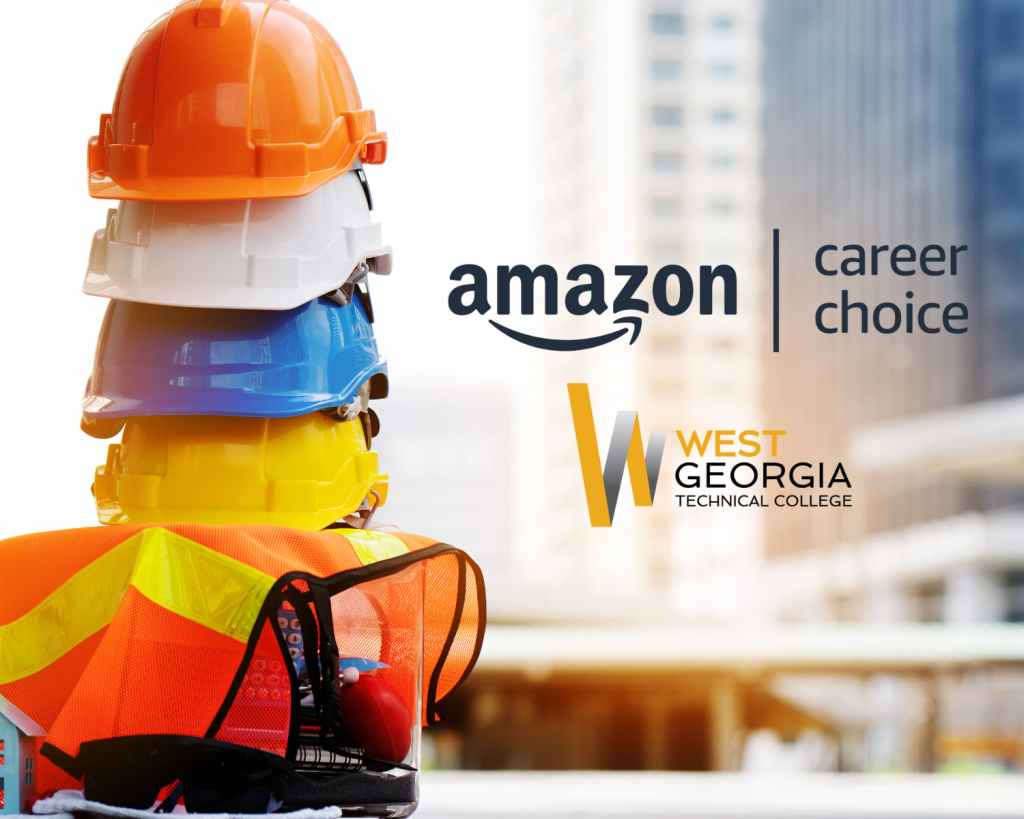 construction hard hats with Amazon Career choice logo and West Georgia Tech logo