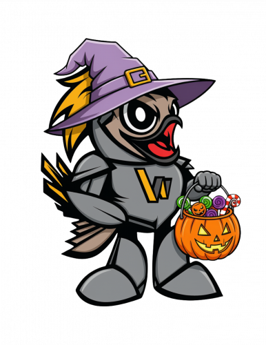 Knightro with a trick or treat pail