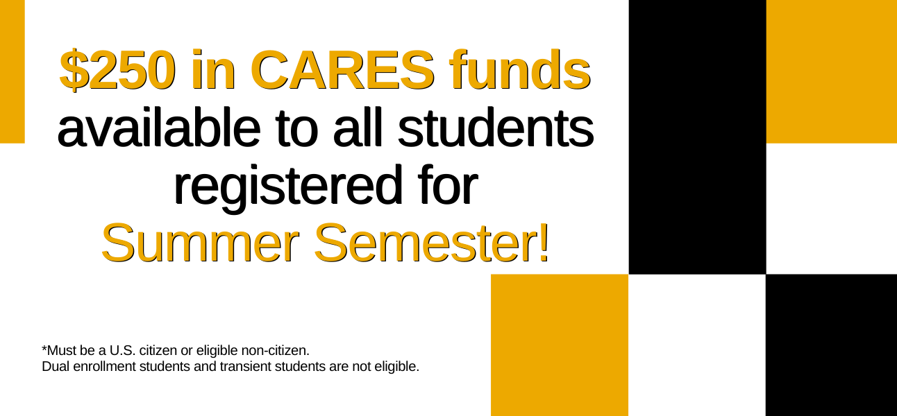 $250 in CARES funds available to all students who registered for summer semester! must be a us citizen or eligable noncitizen, DE and transient students not eligible.